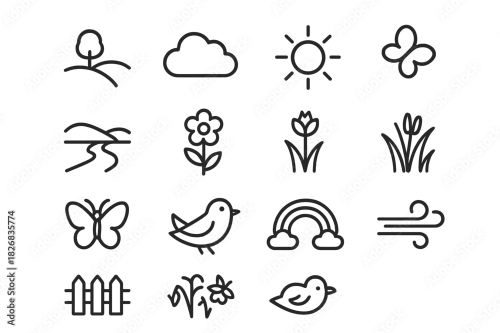 Obraz premium Spring Icon Set. Spring Gardens. Line icon set of Spring Gardens: flower, tree, sun, cloud, grass, butterfly, bird, river, hill, rainbow, fence, wind. All