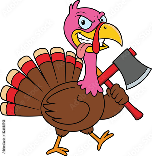 Angry Thanksgiving turkey cartoon character holding an axe and ready for revenge, funny vector illustration of a furious holiday bird mascot for humor content.