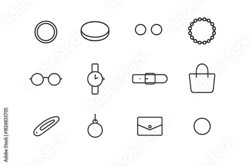 Minimalist Accessories Icons. Minimalist accessories. Line icon set of minimalist accessories: simple ring, thin bracelet, stud earrings, chain necklace, round