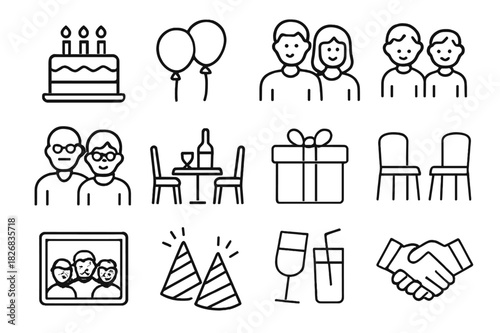 Celebration Icon Set. Shared celebration. Icon set. Set Logo of shared celebration: friends cheering with streamers. harmonious logo variations of the same