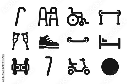 Elderly Care Icons. Elderly care. Solid icon set of Elderly care: walking cane, walker, wheelchair, handrail, crutches, orthopedic shoe, grab bar, hospital