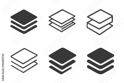 Stacked Paper Logos. piled up. Icon set. Set Logo of piled up: stacked papers. harmonious logo variations of the same emblematic concept, each with different