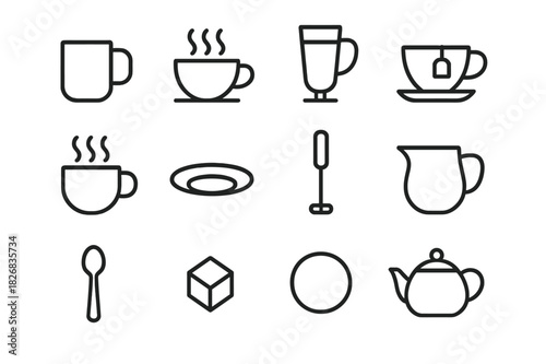 Hot Beverage Icons. Hot beverages. Line icon set of Hot beverages: coffee mug, steaming cup, latte glass, tea cup, cocoa mug, saucer, frother, milk jug, spoon,