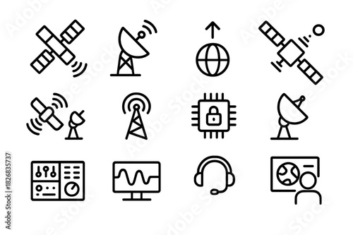 Space Communication Icons. Space communication. Line icon set of Space communication: satellite, deep space antenna, data uplink, laser comms, relay satellite,