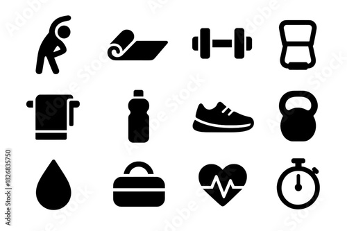 Recovery Routine Icons. Recovery routine. Solid icon set of Recovery routine: person stretching, yoga mat, dumbbell, resistance band, towel, water bottle,