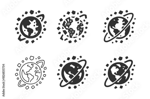 Space Debris Logos. space debris. Icon set. Set Logo of space debris: earth with orbiting fragments. harmonious logo variations of the same emblematic concept,