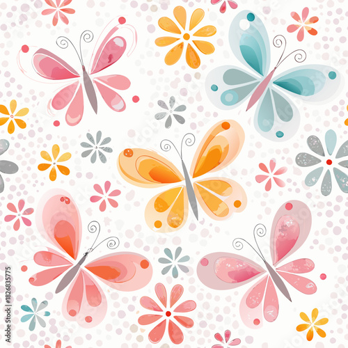 Seamless pattern of watercolor butterflies and flowers in pastel colors