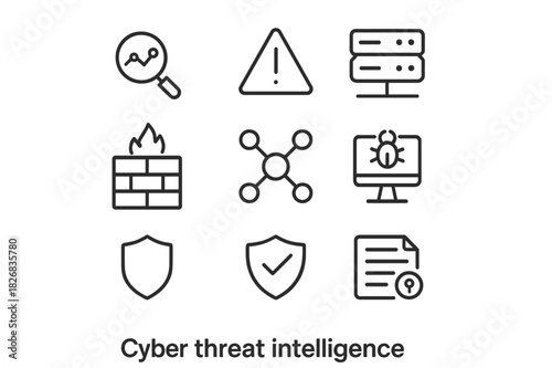 Cybersecurity Symbols Set. Cyber Threat Intelligence. Line icon set of Cyber Threat Intelligence: analytics, alert, server, firewall, network, intrusion
