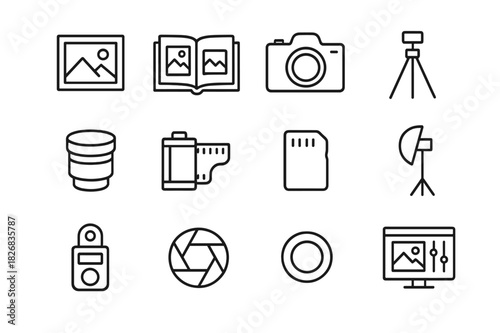 Vector Photography Icons. Visual storytelling. Line icon set of Visual storytelling: photo frame, photo album, camera, tripod, lens, film roll, memory card,