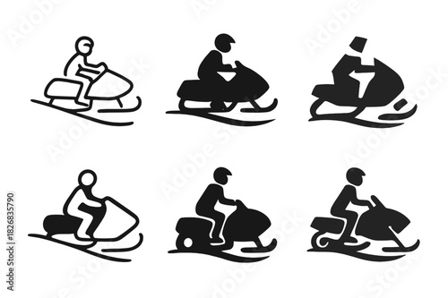 Snowmobile Logo Variations. people riding snowmobiles across snowy fields. Icon set. Set Logo of people riding snowmobiles across snowy fields: snowmobile