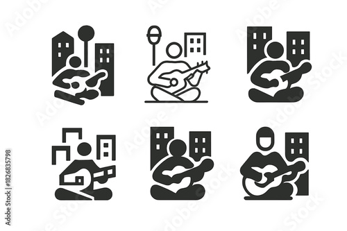 Urban Socializing Icons. Casual meetups and socializing in urban settings. Icon set. Set Logo of casual meetups and socializing in urban settings: street