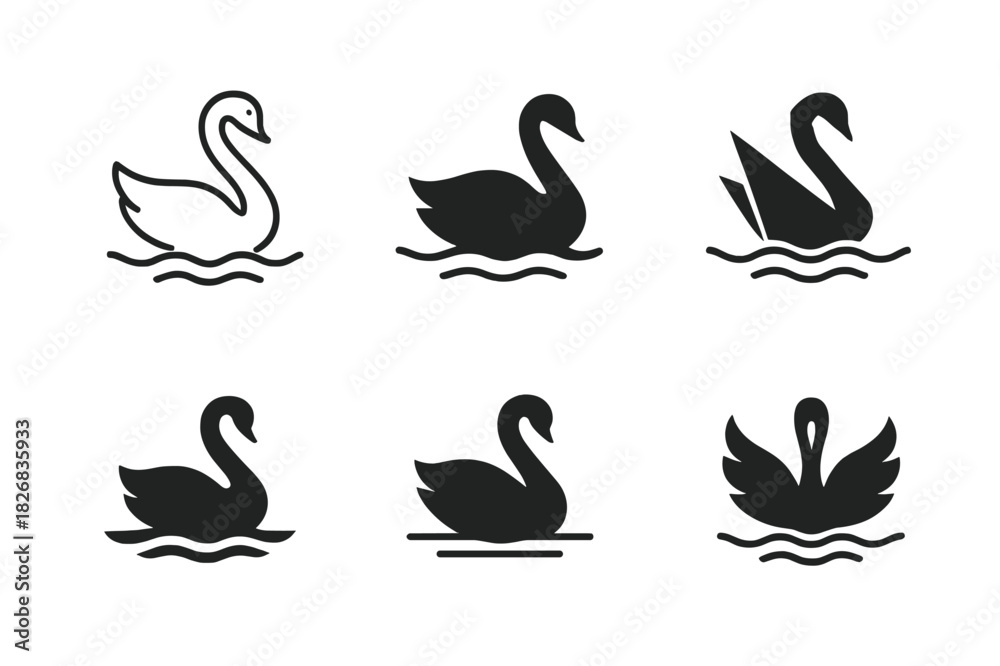 Obraz premium Swan Logo Variations. Swans. Icon set. Set Logo of swans: pair of swans forming a heart shape with their necks. harmonious logo variations of the