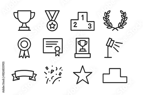 Prize Icon Set. Prize display. Line icon set of Prize display: trophy cup, medal, podium, laurel wreath, ribbon, certificate, display case, spotlight, banner,