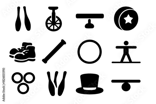 Circus Icons Collection. Circus Skills Practice. Solid icon set of juggling pins, unicycle, balancing beam, circus ball, clown shoes, baton, hula hoop,
