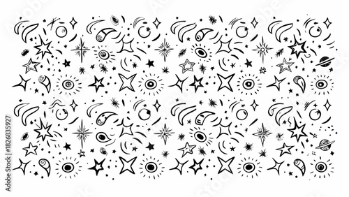 Hand drawn black and white doodle pattern of stars moons and planets