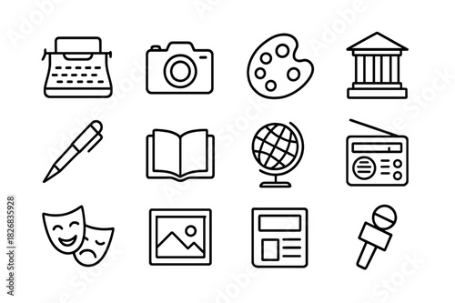 Press and Culture Icons. Press and culture. Line icon set of press and culture: typewriter, camera, palette, museum icon, pen, book, globe, radio, theater