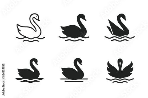 Swan Logo Variations. Swans. Icon set. Set Logo of swans: pair of swans forming a heart shape with their necks. harmonious logo variations of the