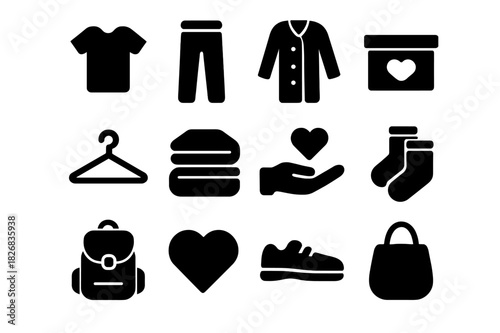 Clothing Donation Icons. Giving Clothes. Solid icon set of donation box, t-shirt, pants, coat, hanger, folded clothes, backpack, hand giving, heart, socks,