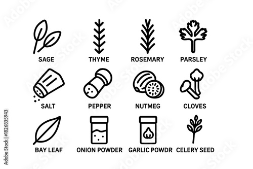Stuffing Herbs Icons. Stuffing Herbs & Spices. Line icon set of Stuffing Herbs & Spices: sage, thyme, rosemary, parsley, salt, pepper, nutmeg, cloves, bay