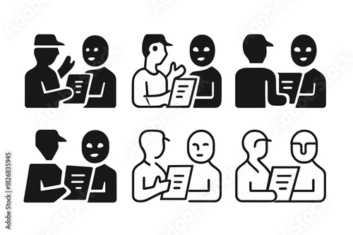 Director-Actor Feedback Logos. A director giving feedback to an actor on their performance. Icon set. Set Logo of a director giving feedback to an actor on