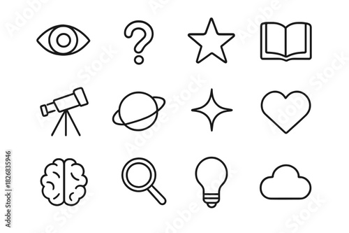 Wonder Icons Collection. Wonder and curiosity. Line icon set of wonder and curiosity: eye, question mark, star, book, telescope, planet, spark, heart, brain,