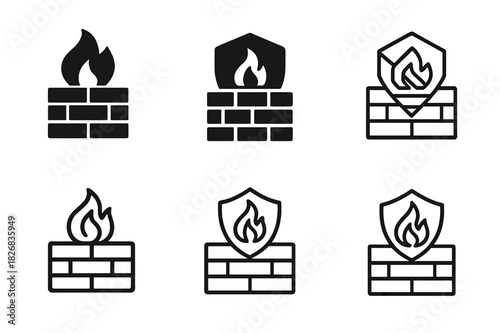 Secure Software Icons. Secure software development and coding practices. Icon set. Set Logo of secure software development and coding practices: firewall.