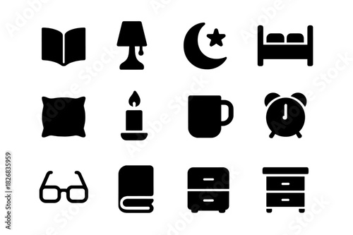 Bedtime Reading Icons. Bedtime reading. Solid icon set of bedtime reading: book, lamp, moon, star, bed, pillow, candle, cup, clock, glasses, blanket,