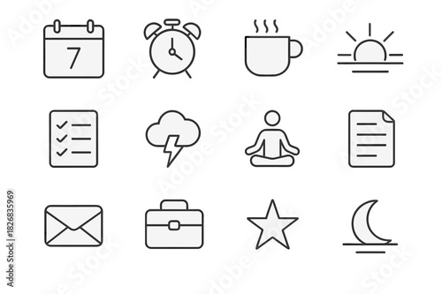 Thursday Icon Collection. Thursday. Line icon set of Thursday: calendar page, alarm clock, coffee mug, sunrise, checklist, thundercloud, yoga pose, document,