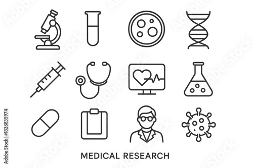 Medical Research Icons. Medical Research. Line icon set of Medical Research: microscope, test tube, petri dish, DNA strand, syringe, stethoscope, heart