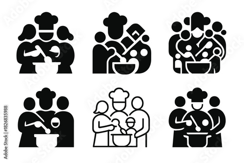 Family Cooking Icons. cooking together as a family. Icon set. Set Logo of cooking together as a family: unity in kitchen. harmonious logo variations of the