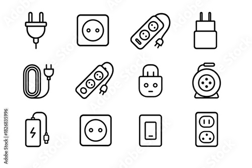 Power Accessories Icons. Power accessories. Line icon set of power accessories: plug, socket, power strip, USB charger, extension cord, surge protector,