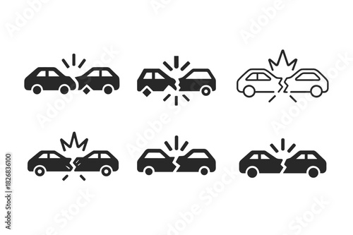 Damaged Vehicle Icons. damaged vehicles. Icon set. Set Logo of damaged vehicles: collision crash scene. harmonious logo variations of the same emblematic