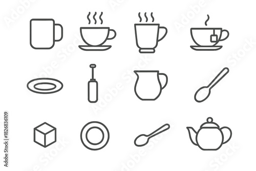 Hot Beverage Icons. Hot beverages. Line icon set of Hot beverages: coffee mug, steaming cup, latte glass, tea cup, cocoa mug, saucer, frother, milk jug, spoon,