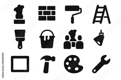 Art Installation Icons. Art installation. Solid icon set of art installation: sculpture, wall, paint roller, ladder, brush, bucket, people viewing, spotlight,