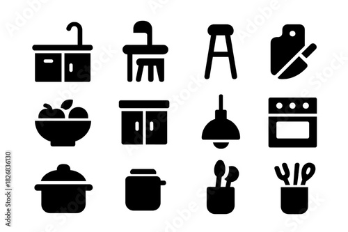 Kitchen Icon Set. Kitchen island. Solid icon set of kitchen island: countertop, sink, faucet, stool, cutting board, knife, fruit bowl, cabinet, pendant light,