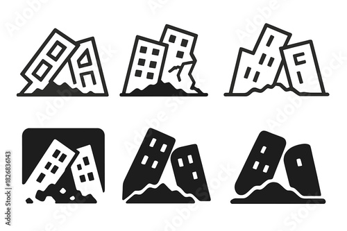 Collapsed Building Logos. Collapsed buildings. Icon set. Set Logo of Collapsed buildings: Demolition site. harmonious logo variations of the same emblematic
