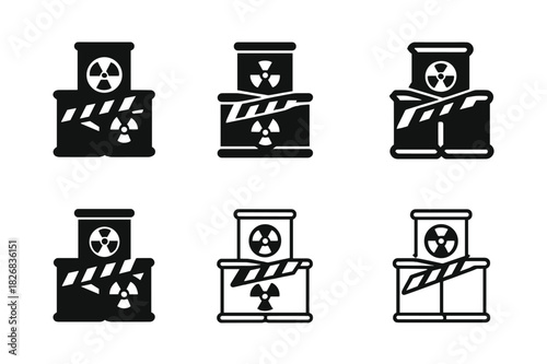 Toxic Waste Barrel Logos. toxic waste barrels. Icon set. Set Logo of toxic waste barrels: stacked barrels with caution tape. harmonious logo variations of the