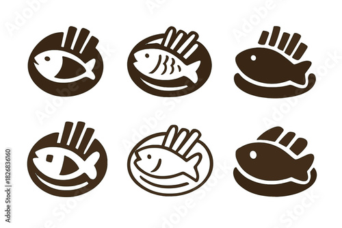 Fish and Chips Icons. fish and chips. Icon set. Set Logo of fish and chips: fried fish with garnish icon. harmonious logo variations of the same emblematic