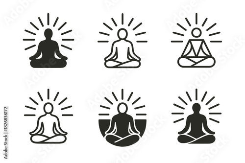 Meditative Energy Emblems. person in meditation with energy flow. Icon set. Set Logo of person in meditation with energy flow: radiant lines surrounding seated