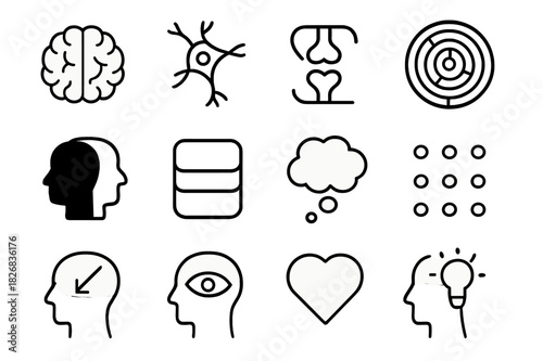 Unconscious Icons Grid. Unconscious Patterns. Line icon set of Unconscious Patterns: brain, neuron, synapse, labyrinth, shadow, memory, thought bubble,