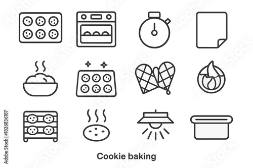 Cookie Baking Icons. Cookie baking. Line icon set of cookie baking: cookie tray, oven, timer icon, baking sheet, rising dough, golden cookies, oven mitts,