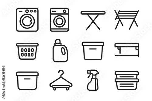 Compact Laundry Icon Set. Compact laundry appliances. Line icon set of compact laundry appliances: mini washing machine, tabletop dryer, handheld iron,