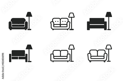 Apartment Icon Set. Apartment. Icon set. Set Logo of apartment: living room sofa with floor lamp. harmonious logo variations of the same emblematic concept,
