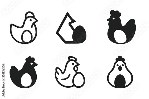 Fresh Egg Logos. Fresh Eggs. Icon set. Set Logo of fresh eggs: chicken with egg icon. harmonious logo variations of the same emblematic concept, each with
