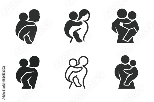 Parental Love Icons. carrying a child on back. Icon set. Set Logo of carrying a child on back: parental love outdoors. harmonious logo variations of the same
