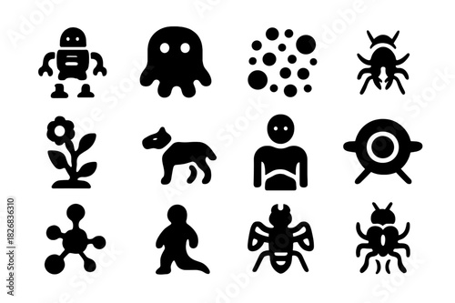 Speculative Lifeform Icons. Speculative lifeforms. Solid icon set of Speculative lifeforms: hybrid robot, artificial creature, nanobot swarm, bio-mechanical