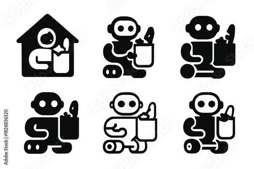 Home Robotics Icons. home robotics assistance. Icon set. Set Logo of home robotics assistance: domestic robot lifting groceries. harmonious logo variations of