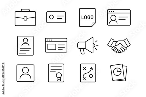 Branding Icon Set. Branding Portfolio Set. Line icon set of Branding Portfolio Set: portfolio, business card, logo design, social media profile, resume,