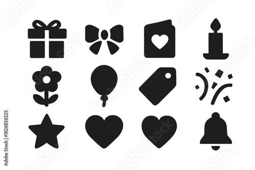 Special Occasion Icons. Special occasion gift. Solid icon set of Special occasion gift: wrapped box, bow, ribbon, card, candle, flower, balloon, tag, confetti,