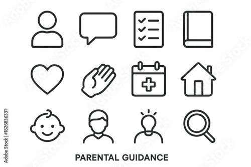 Parental Guidance Icons. Parental guidance. Line icon set of parental guidance: parent figure, speech bubble, checklist, book, heart, hand, calendar, home,